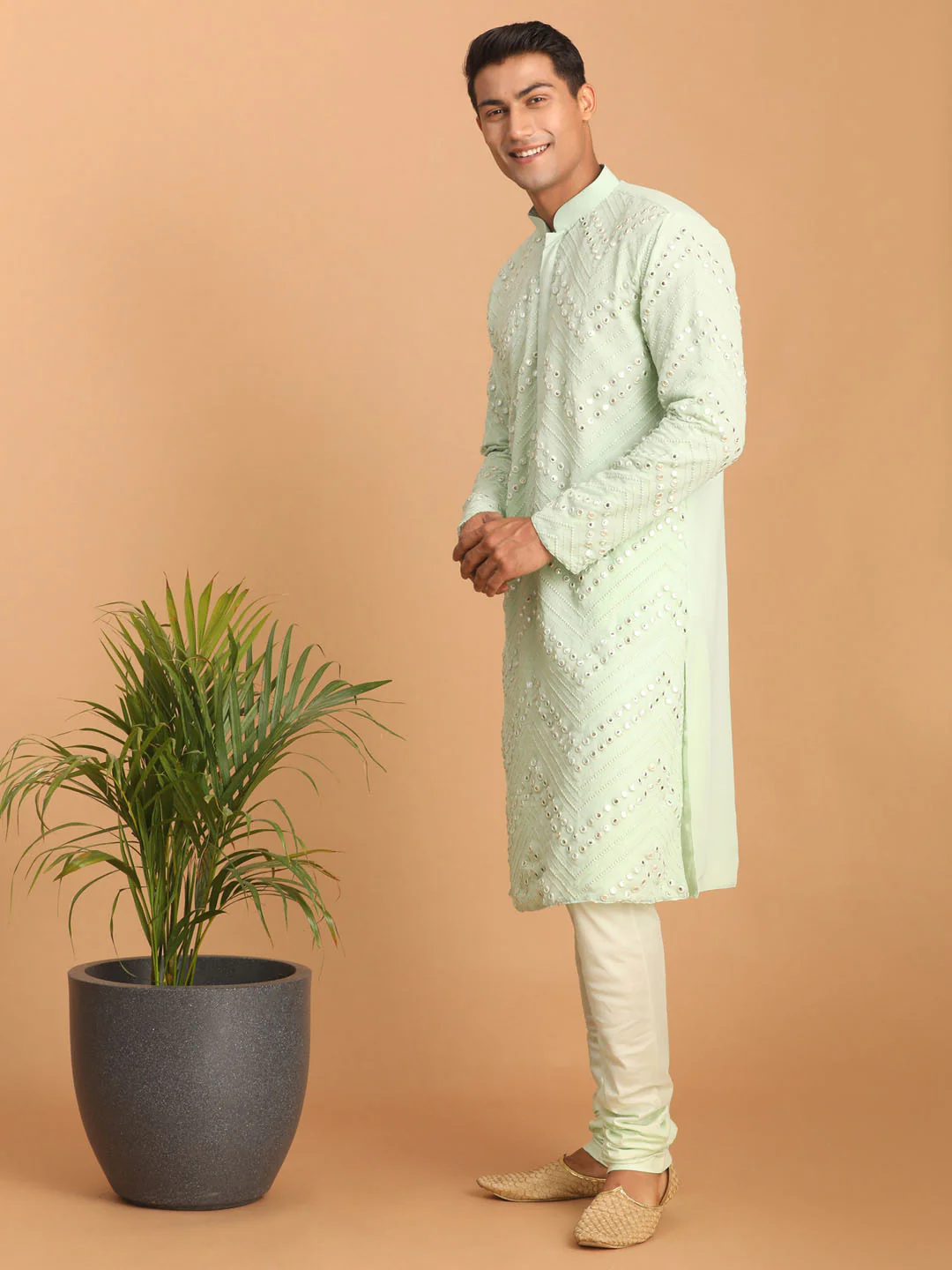 Men's Mint Green Mirror Kurta Pyjama Set - Image 2