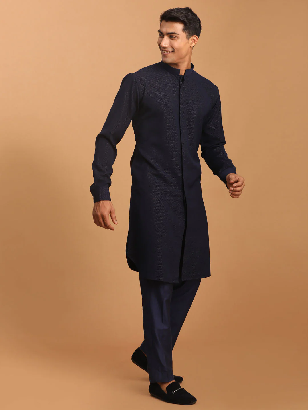 Men's Navy Blue Printed Kurta With Pant Set - Image 2