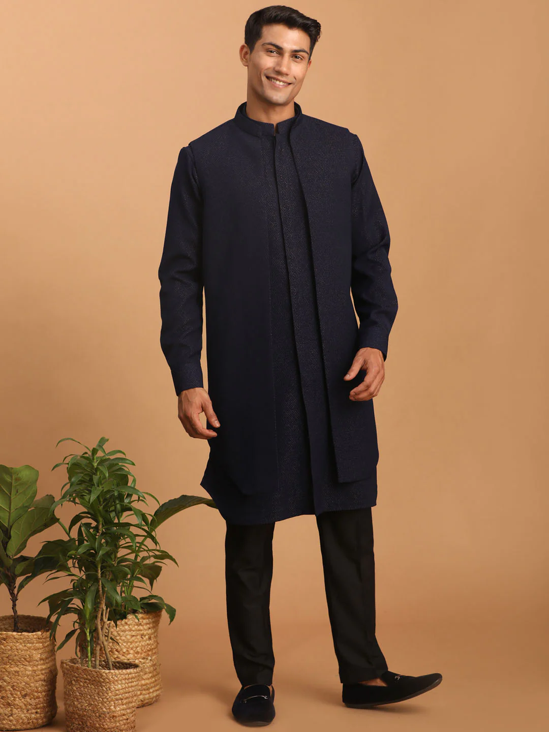 Men's Navy Blue Printed Jacket Kurta Pant Set - Image 8