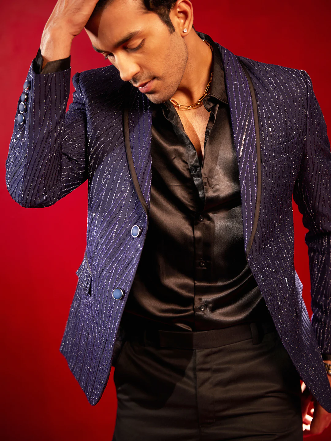 Men's Navy Blue Silk Blend Blazer - Image 4