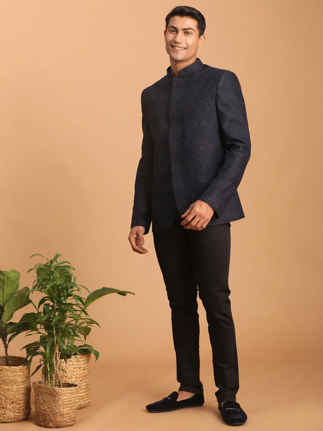 Men's Navy Blue Silk Blend Glitter Zig Zag Jodhpuri - Image 6