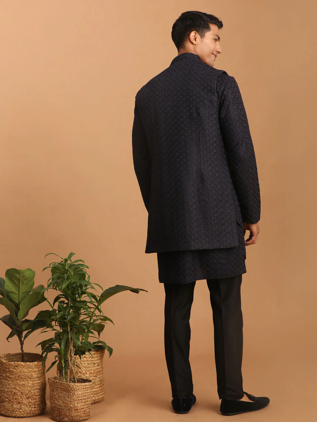 Men's Navy Blue Jacket With Kurta Pant Set - Image 3