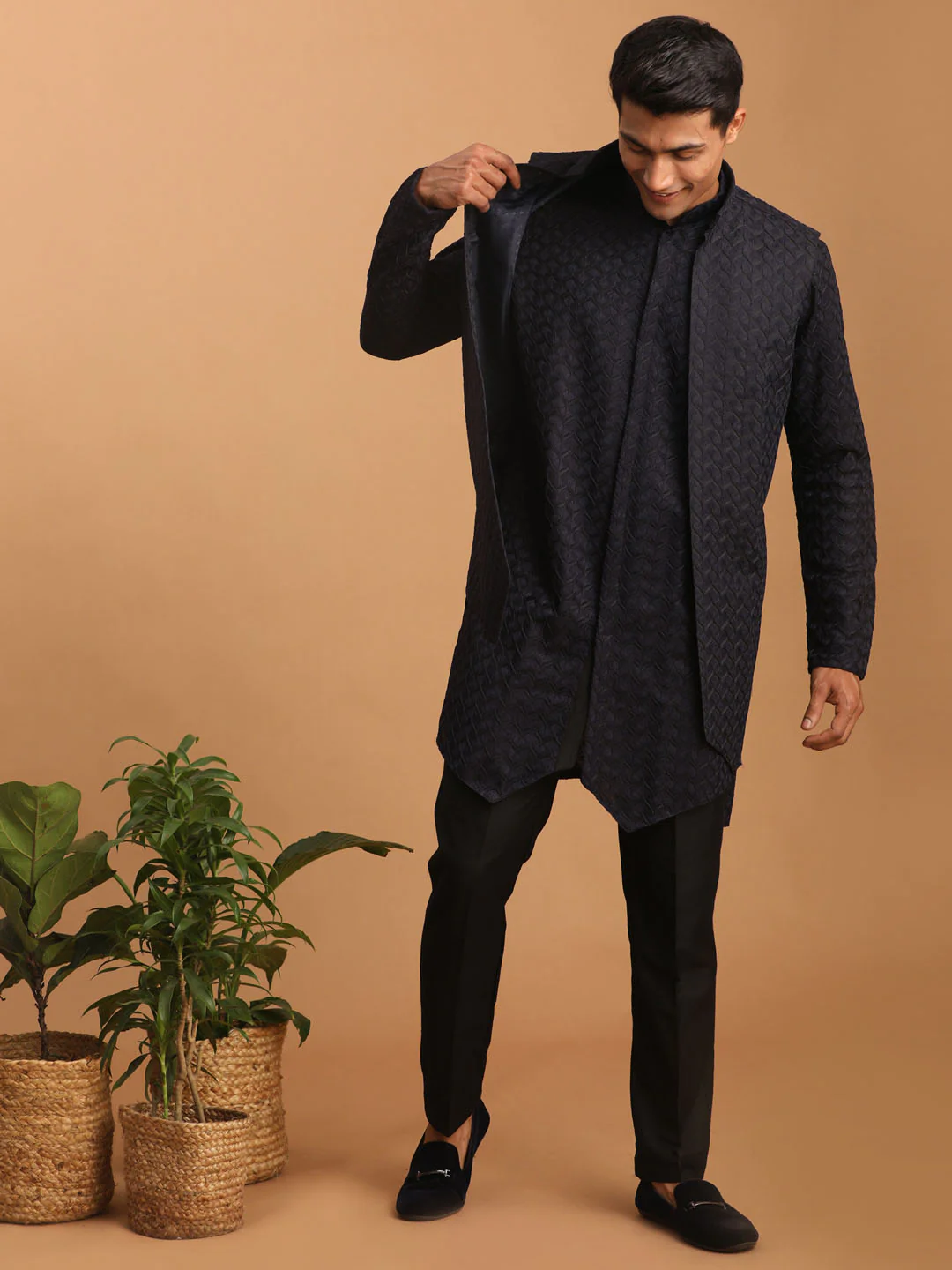 Men's Navy Blue Jacket With Kurta Pant Set - Image 7