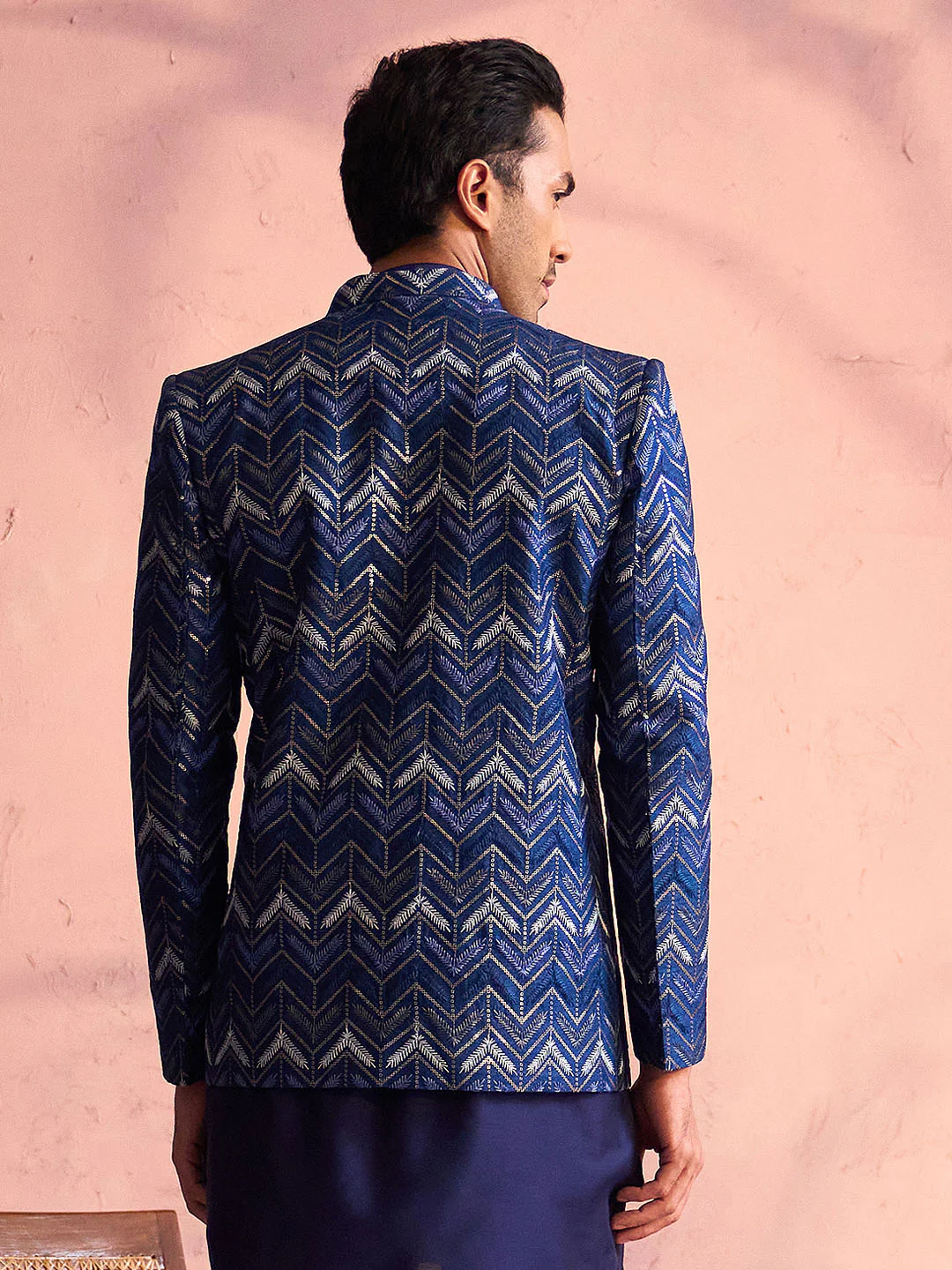 Men's Navy Blue Silk Embroidered Jodhpuri - Image 4