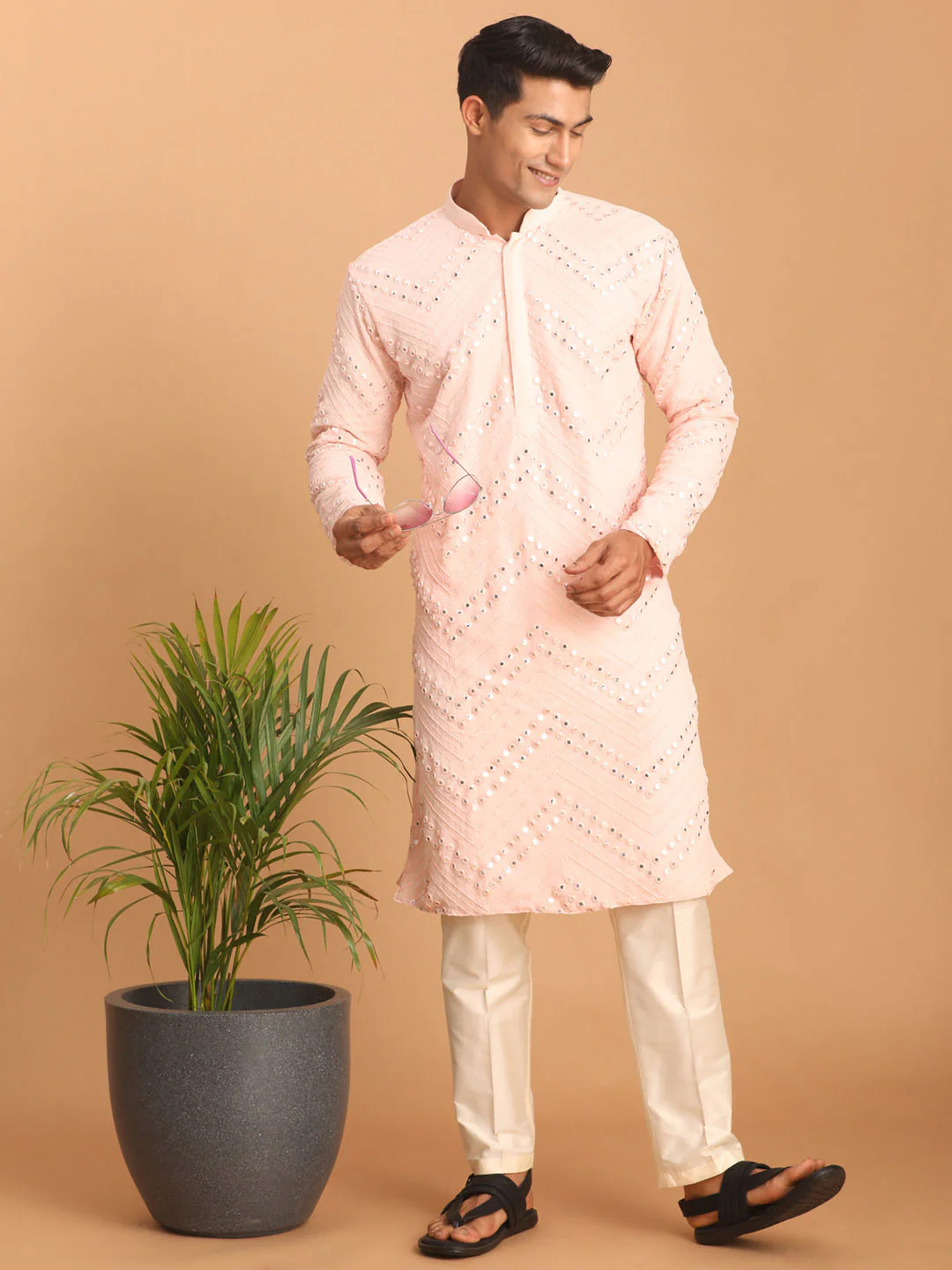 Men's Pink Mirror Kurta Pant Set - Image 7