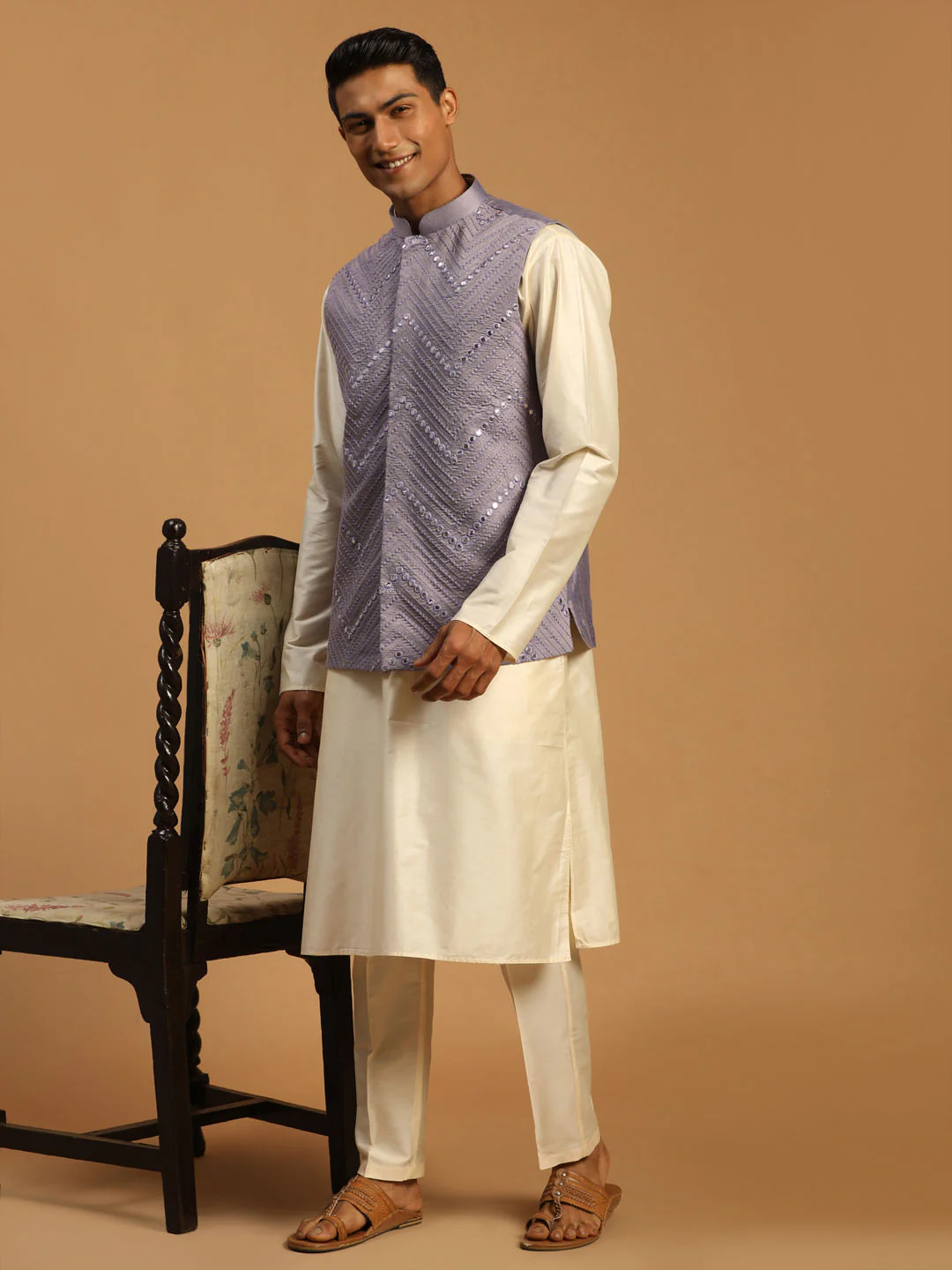 Men's Purple Mirror Jacket With Kurta Pant Set - Image 2