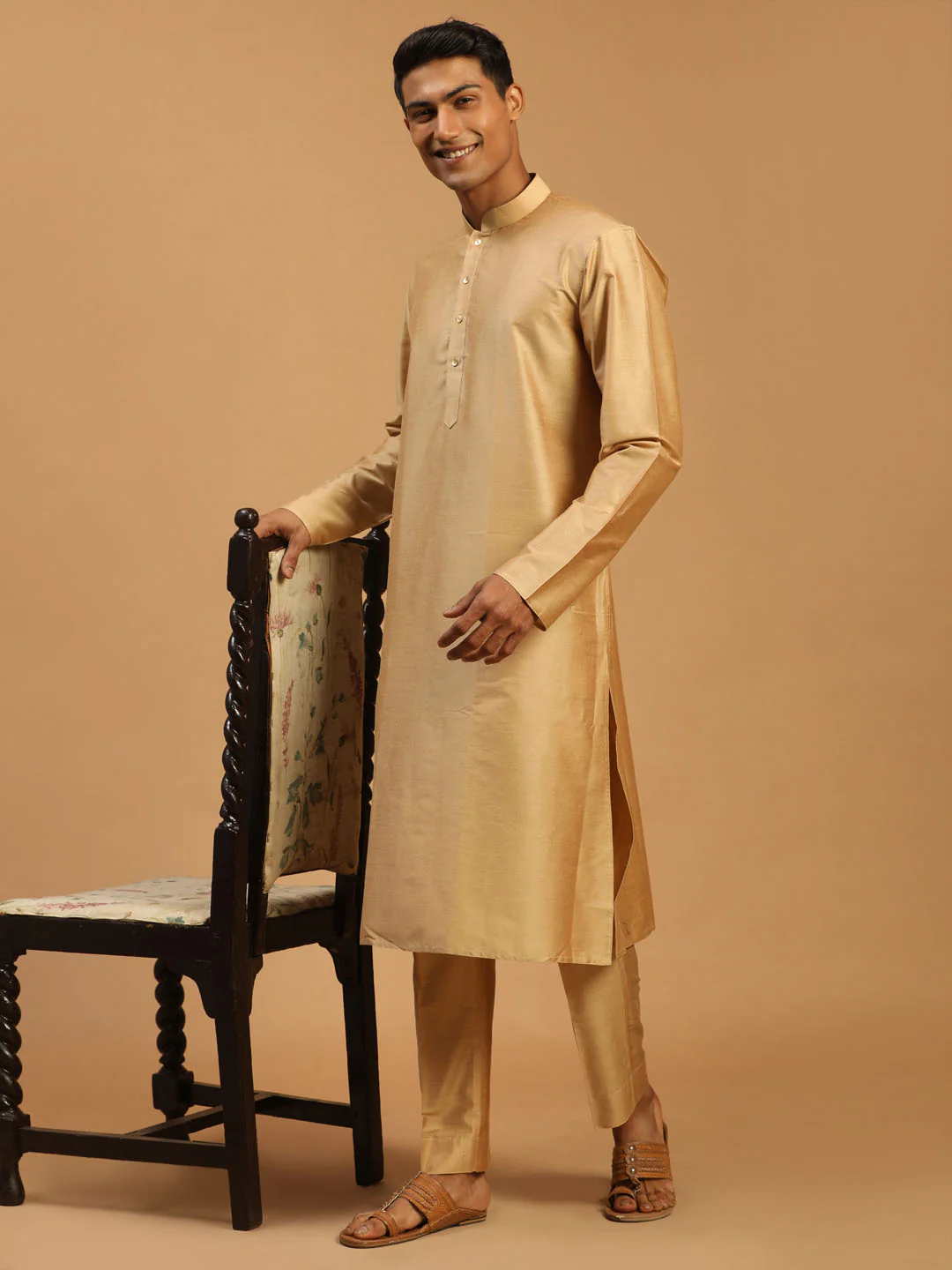 Men's Rose Gold Viscose Kurta With Pant Set - Image 6