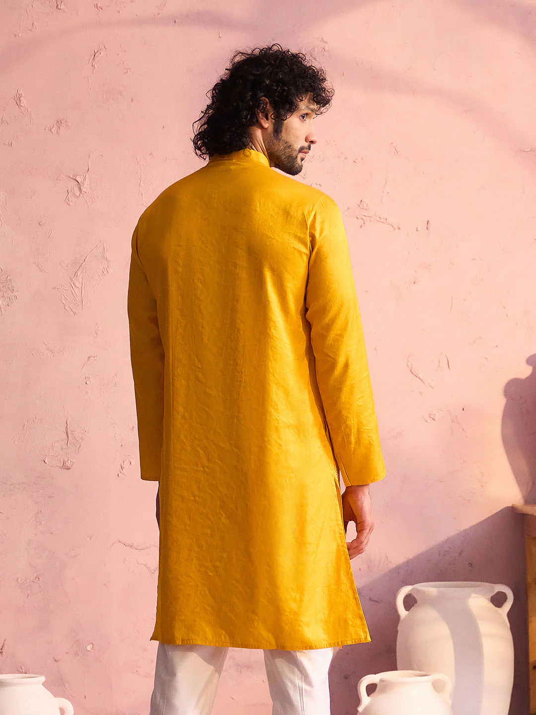 Men's Yellow Embroidered Silk Kurta - Image 4