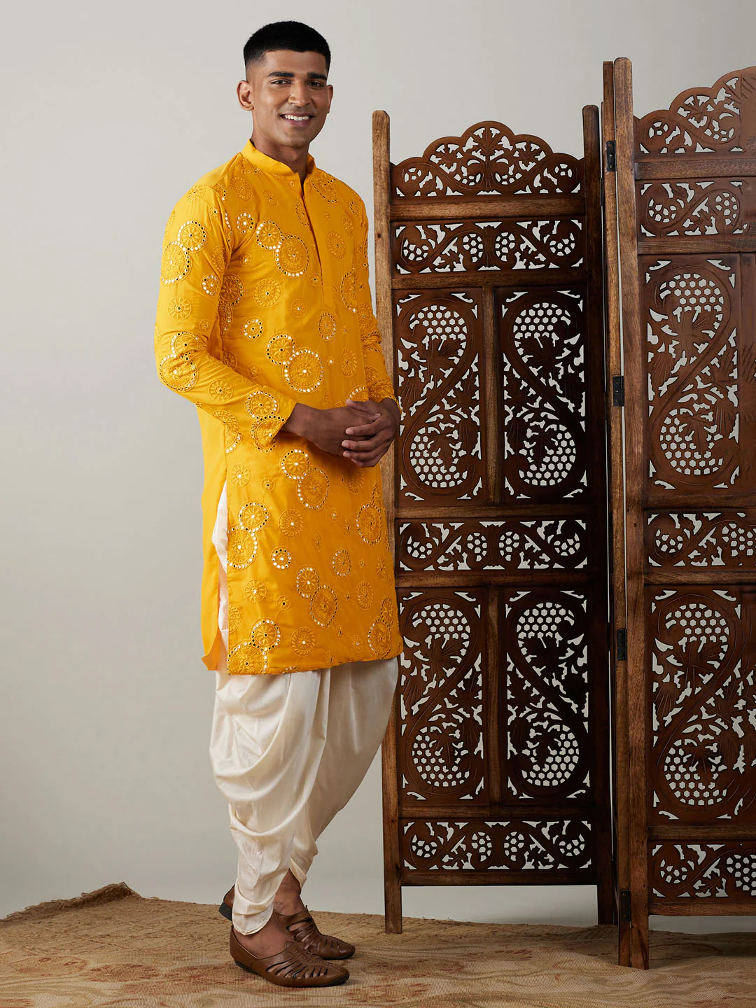 Men's Yellow Embroidered Kurta Dhoti Set - Image 6