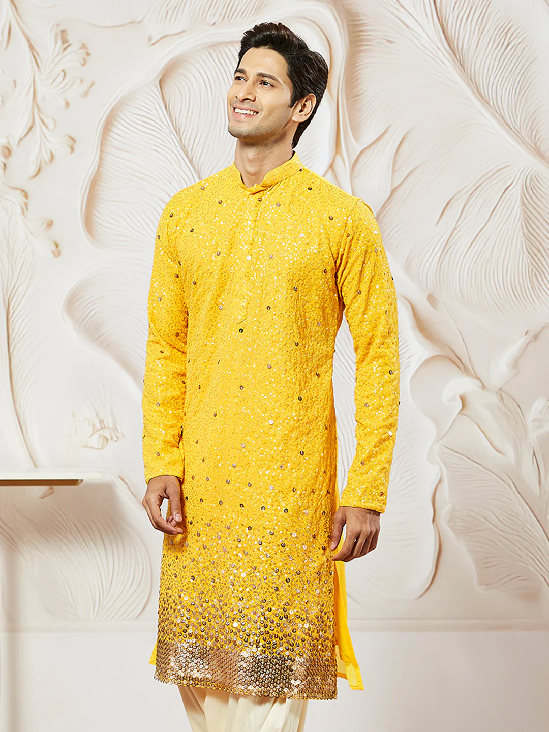 Men's Yellow Georgette Zari With Sequins Worked Kurta - Image 3