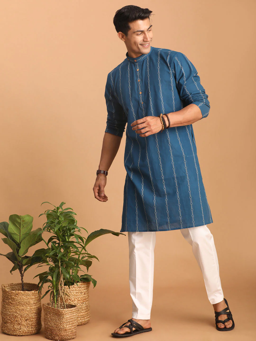 Men's Blue Denim Jacquard Kurta With White Pant Set - Image 6