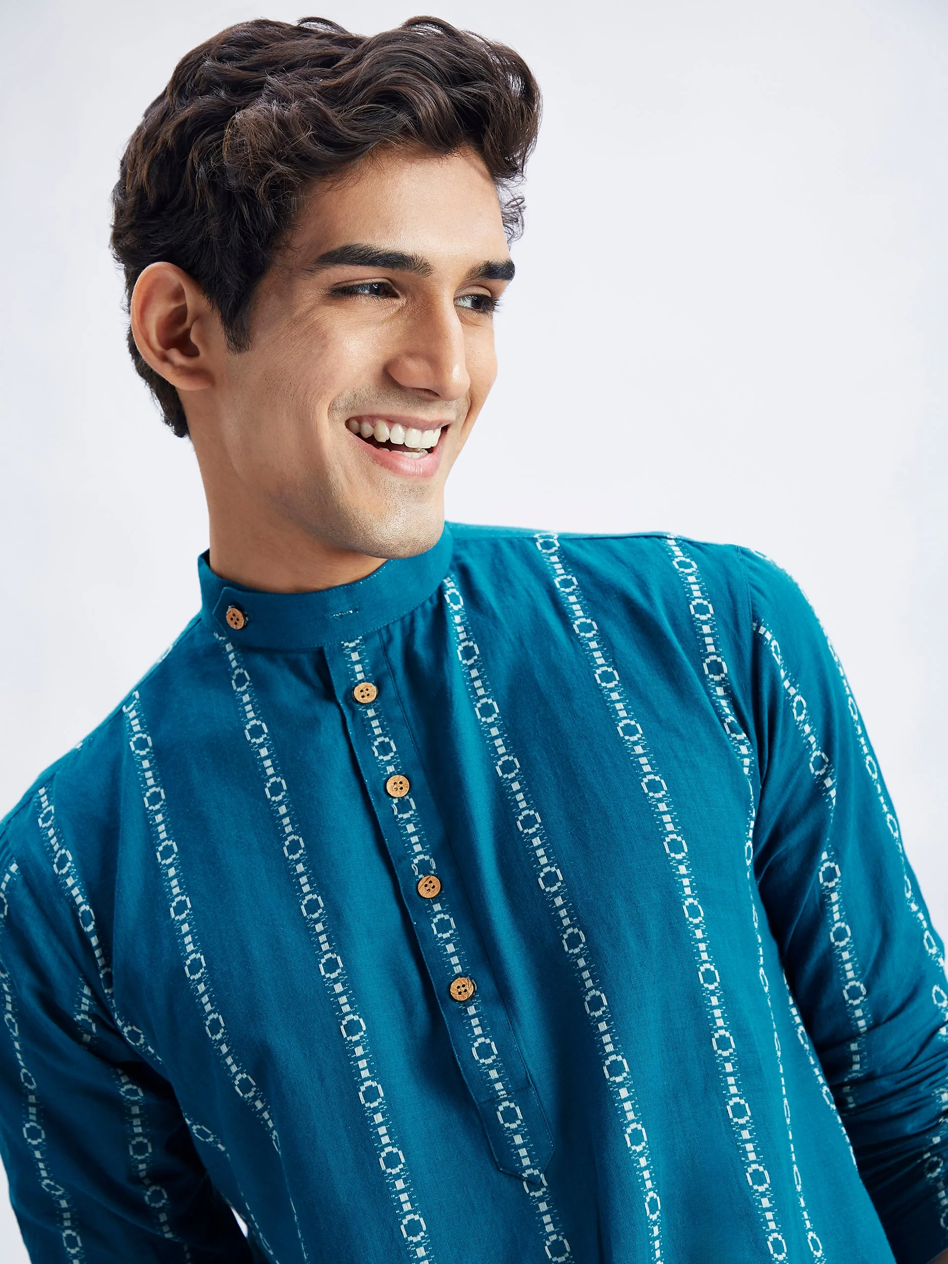 Men's Blue Denim Jacquard Kurta With White Pant Set - Image 4
