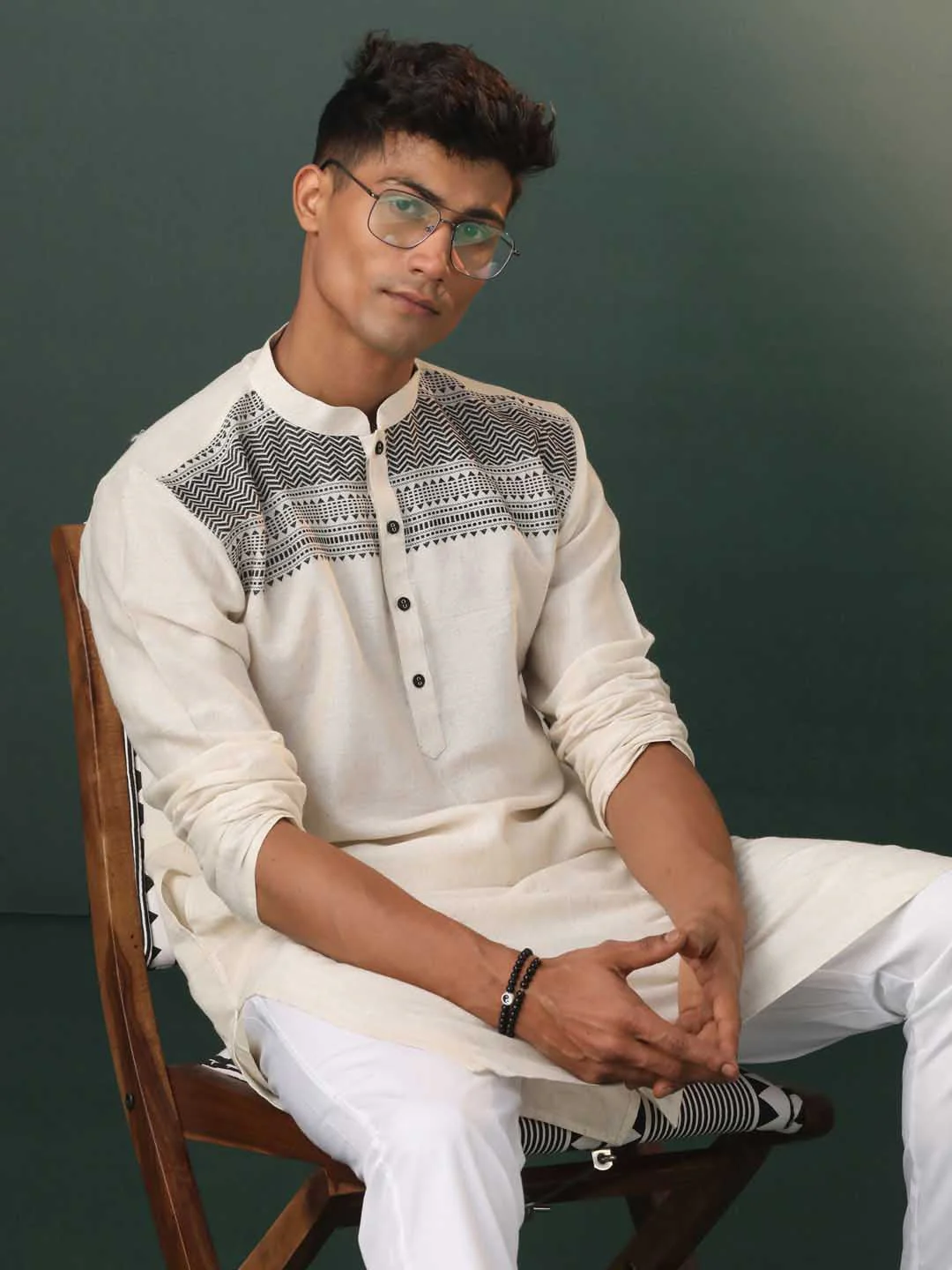 Men's Cream Jacquard Cotton Kurta Pyjama Set - Image 5