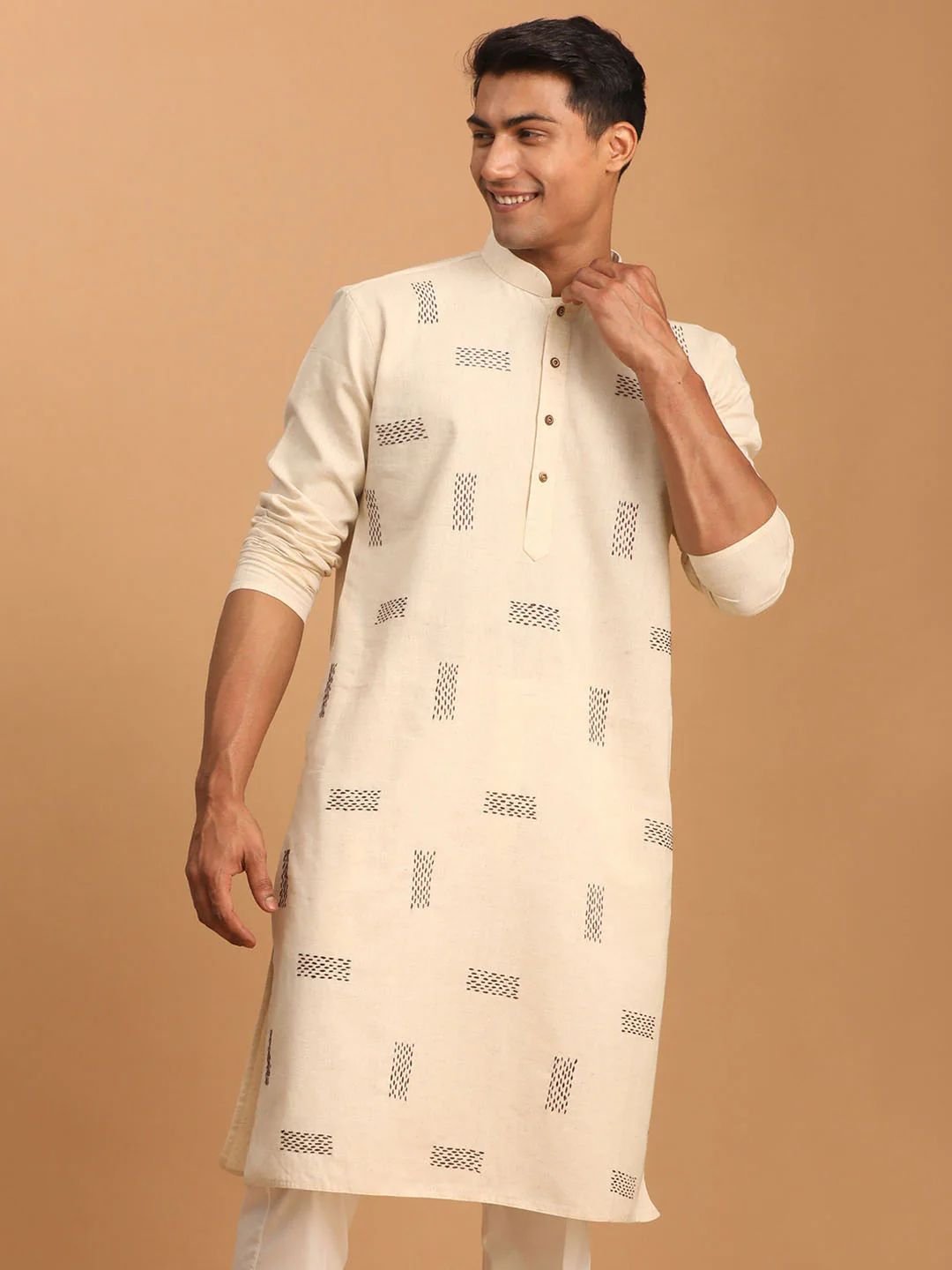 Men's Cream Katha Stich Embroidered Cotton Kurta - Image 2
