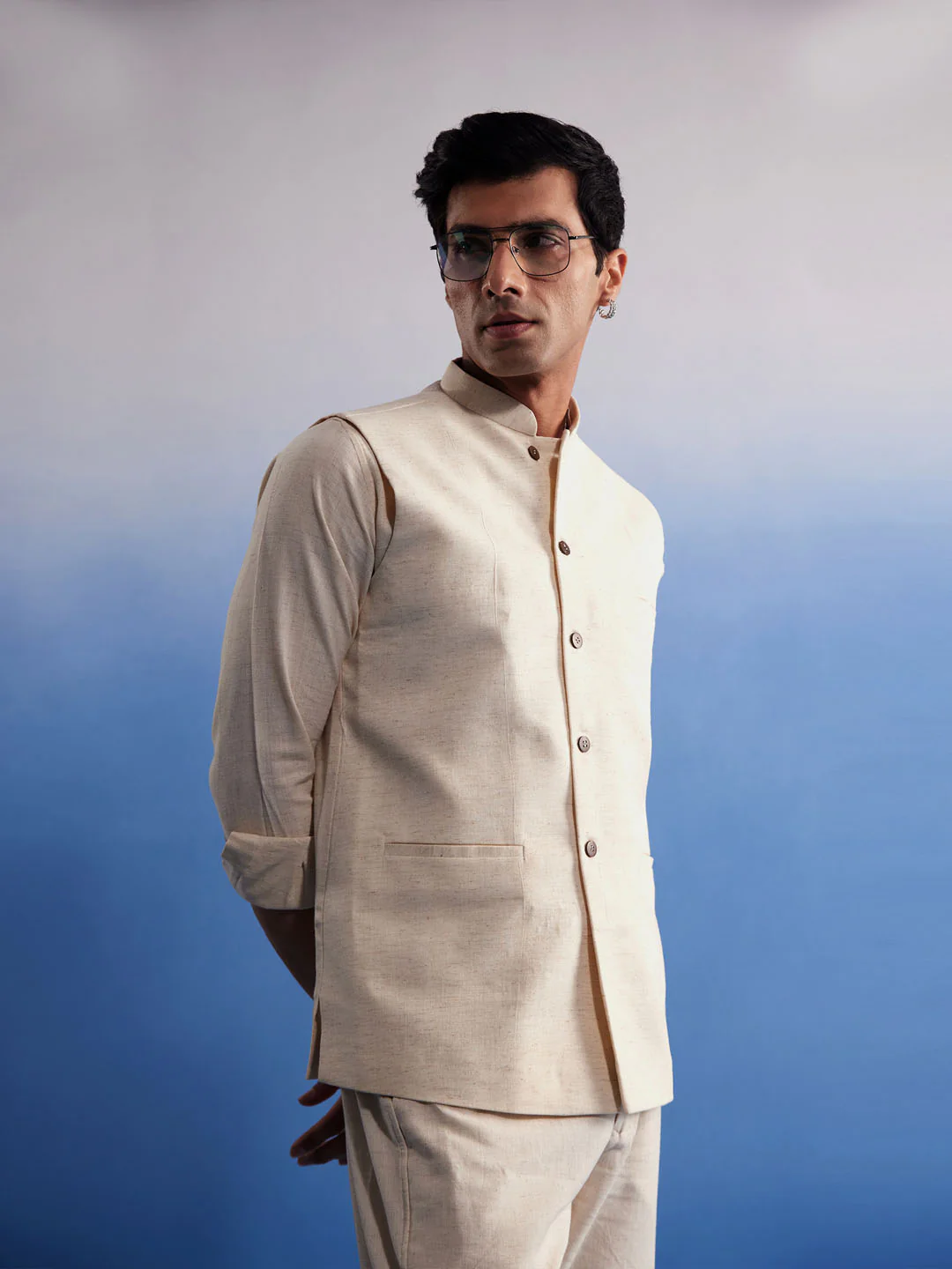 Men's Cream Pure Cotton Nehru Jacket - Image 2