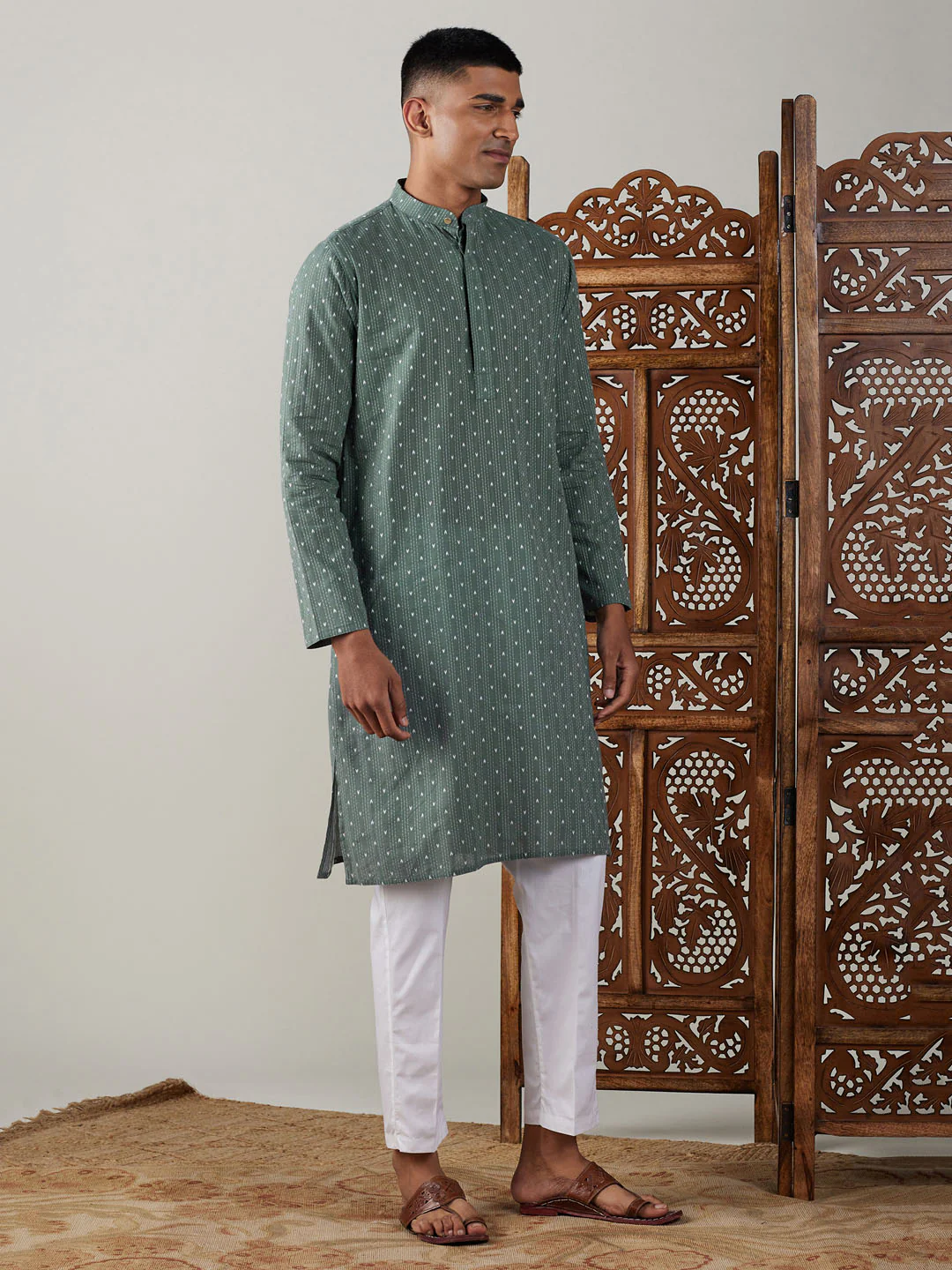 Men's Green Cotton Jacquard Kurta With White Pant Set - Image 2