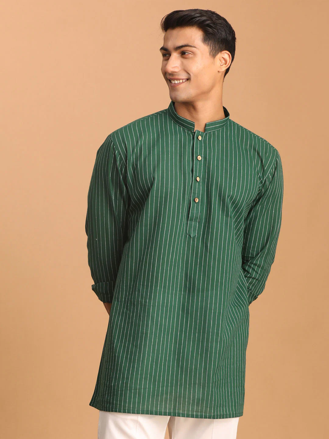 Men's Green Striped Cotton Short Kurta - Image 2