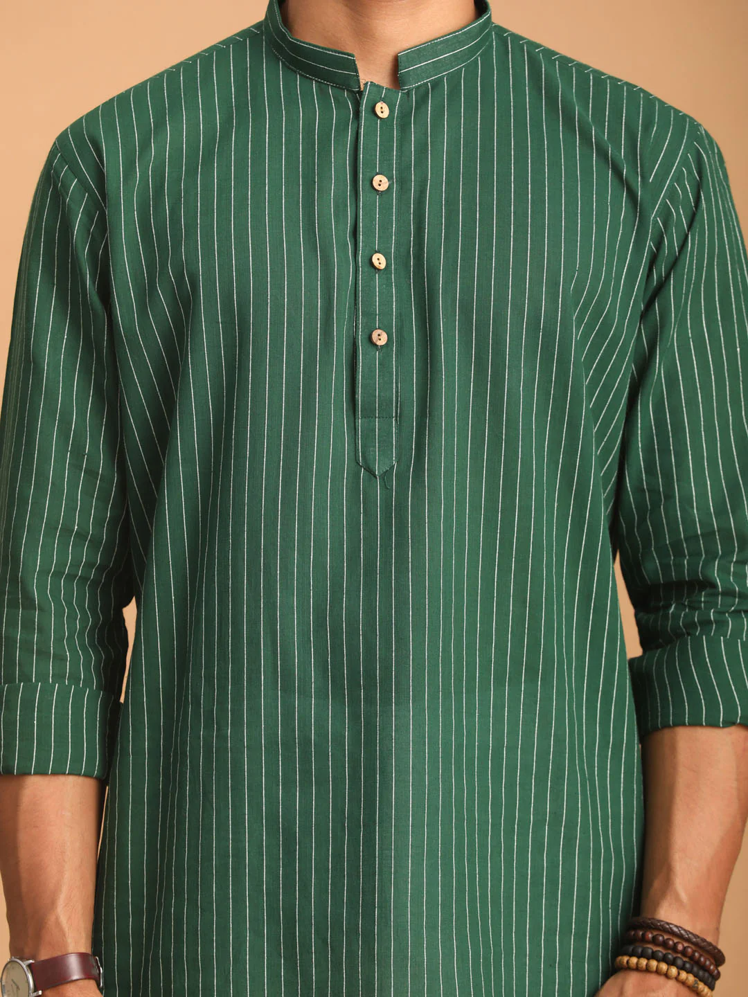 Men's Green Striped Cotton Short Kurta With White Pant - Image 4
