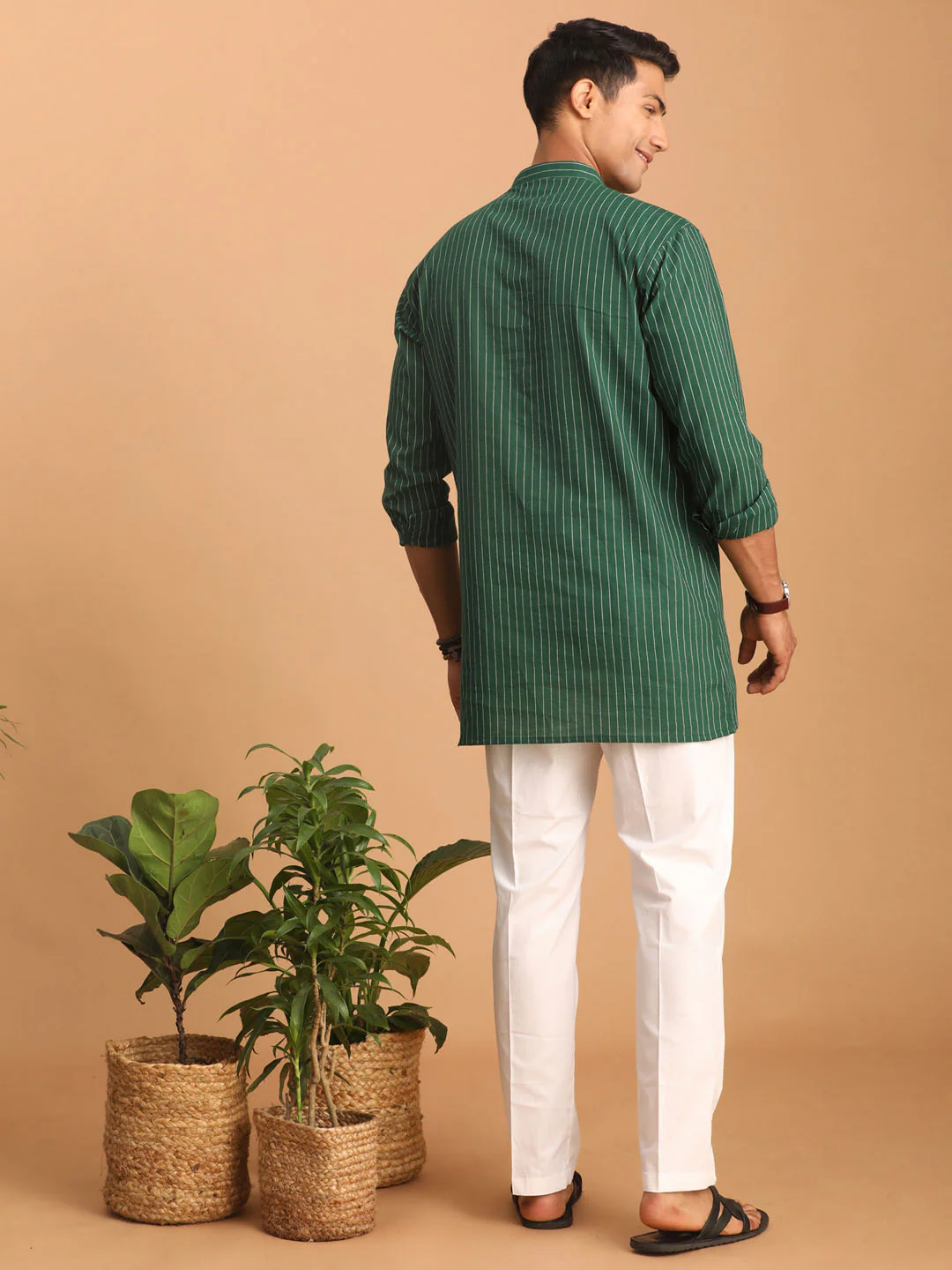 Men's Green Striped Cotton Short Kurta With White Pant - Image 3