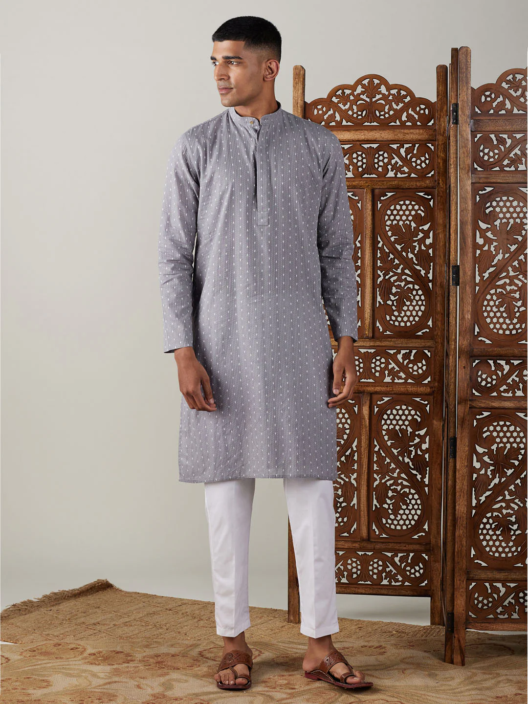 Men's Grey Cotton Jacquard Kurta With White Pant Set - Image 3