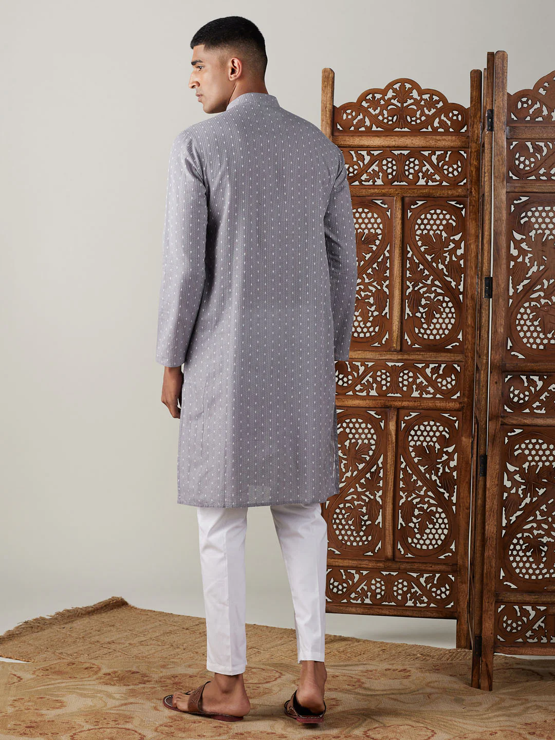 Men's Grey Cotton Jacquard Kurta With White Pant Set - Image 5