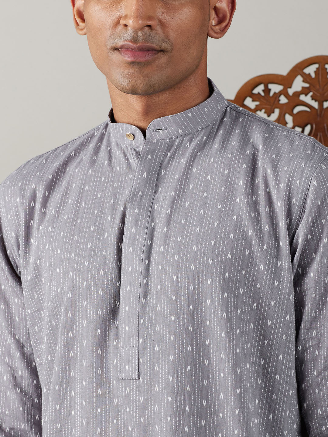 Men's Grey Cotton Jacquard Kurta With White Pant Set - Image 4