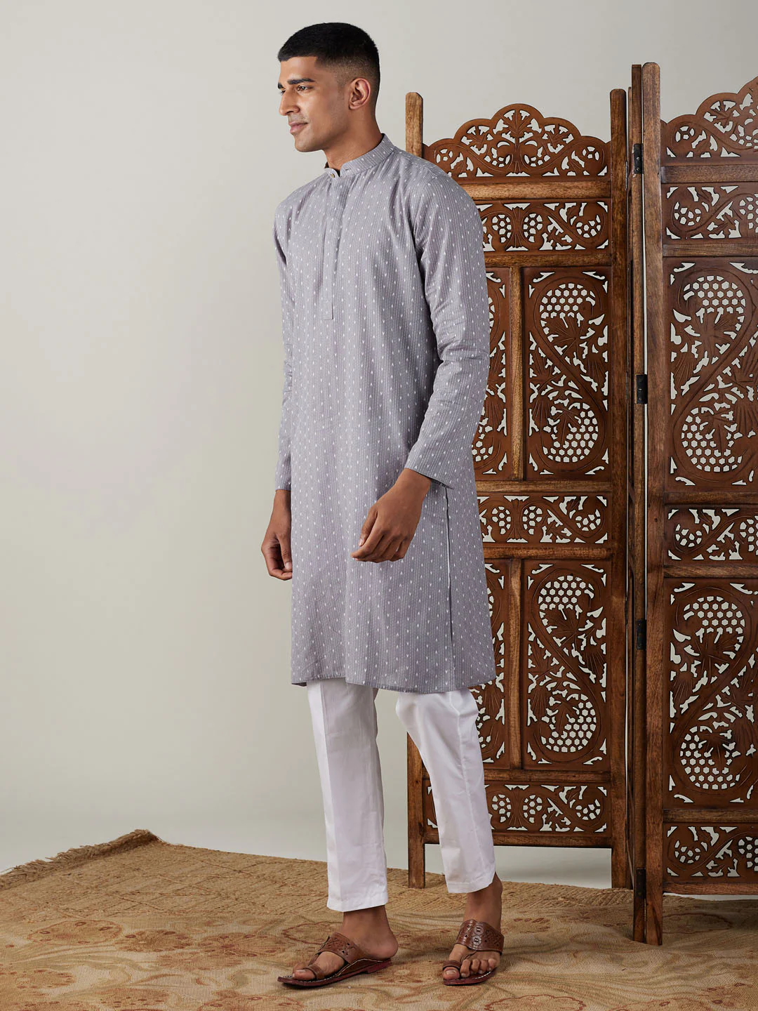 Men's Grey Cotton Jacquard Kurta With White Pant Set - Image 6