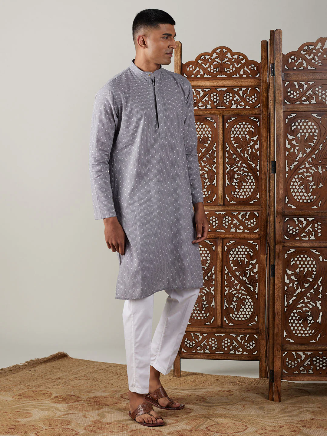 Men's Grey Cotton Jacquard Kurta With White Pant Set - Image 2
