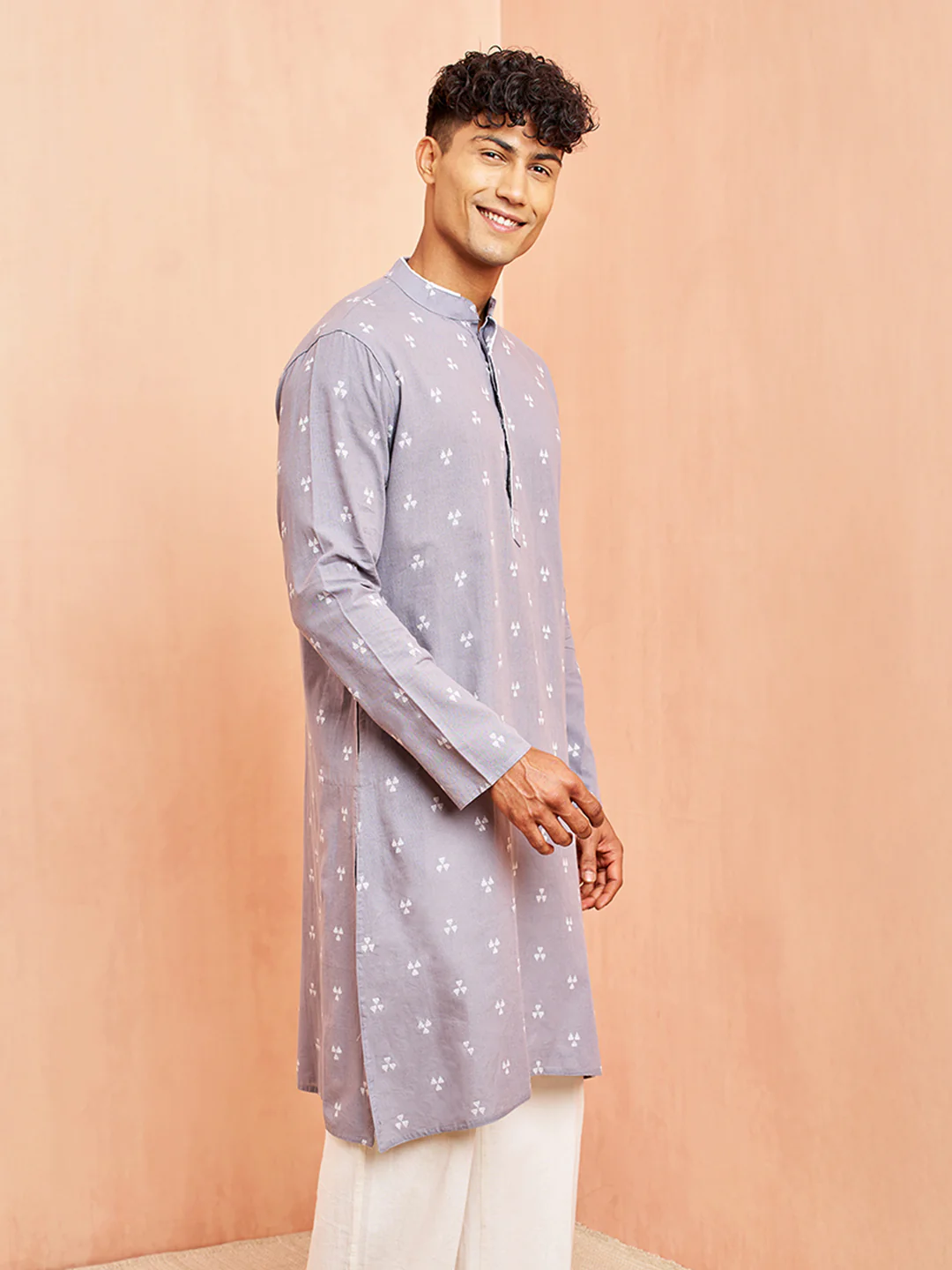 Men's Grey Geometric Booti Jacquard Kurta - Image 4