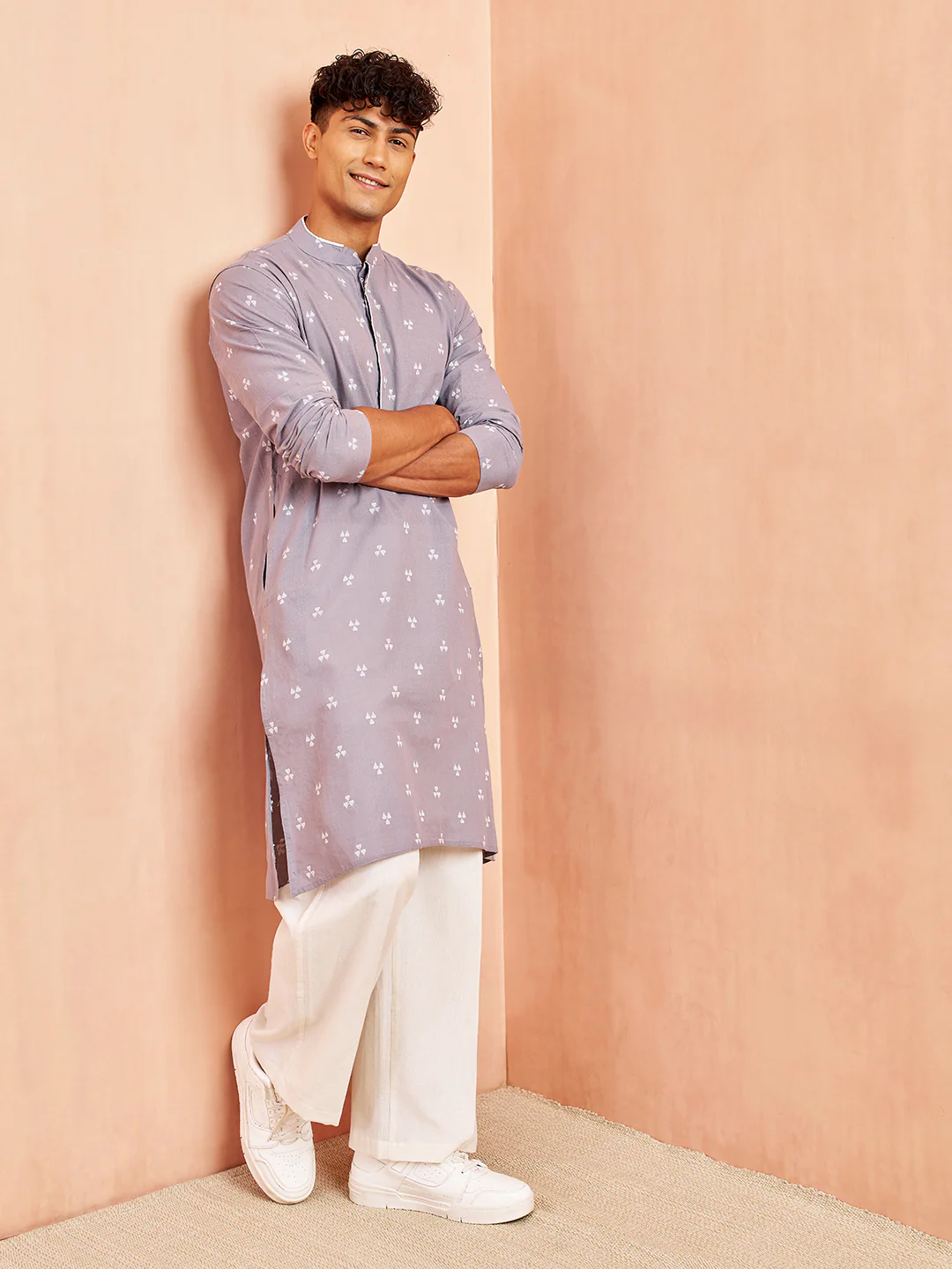 Men's Grey Geometric Booti Jacquard Kurta - Image 6