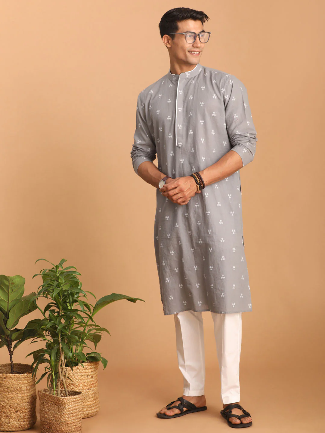 Men's Grey Geometric Booti Jacquard Kurta With White Pant Set - Image 4