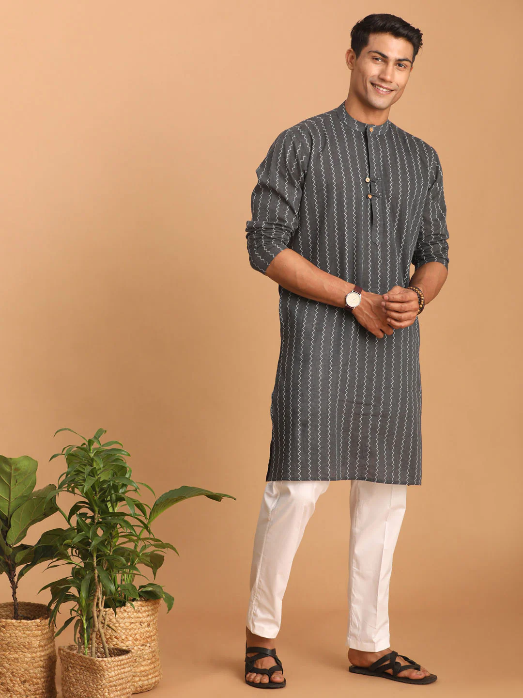 Men's Grey Jacquard Zig Zag Cotton Kurta With Pant Set