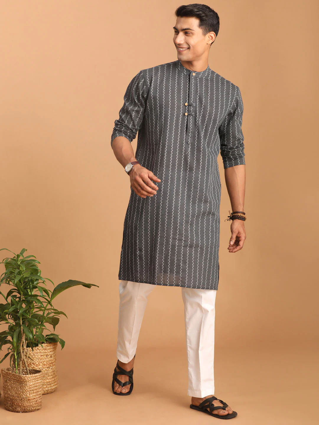 Men's Grey Jacquard Zig Zag Cotton Kurta With Pant Set - Image 6