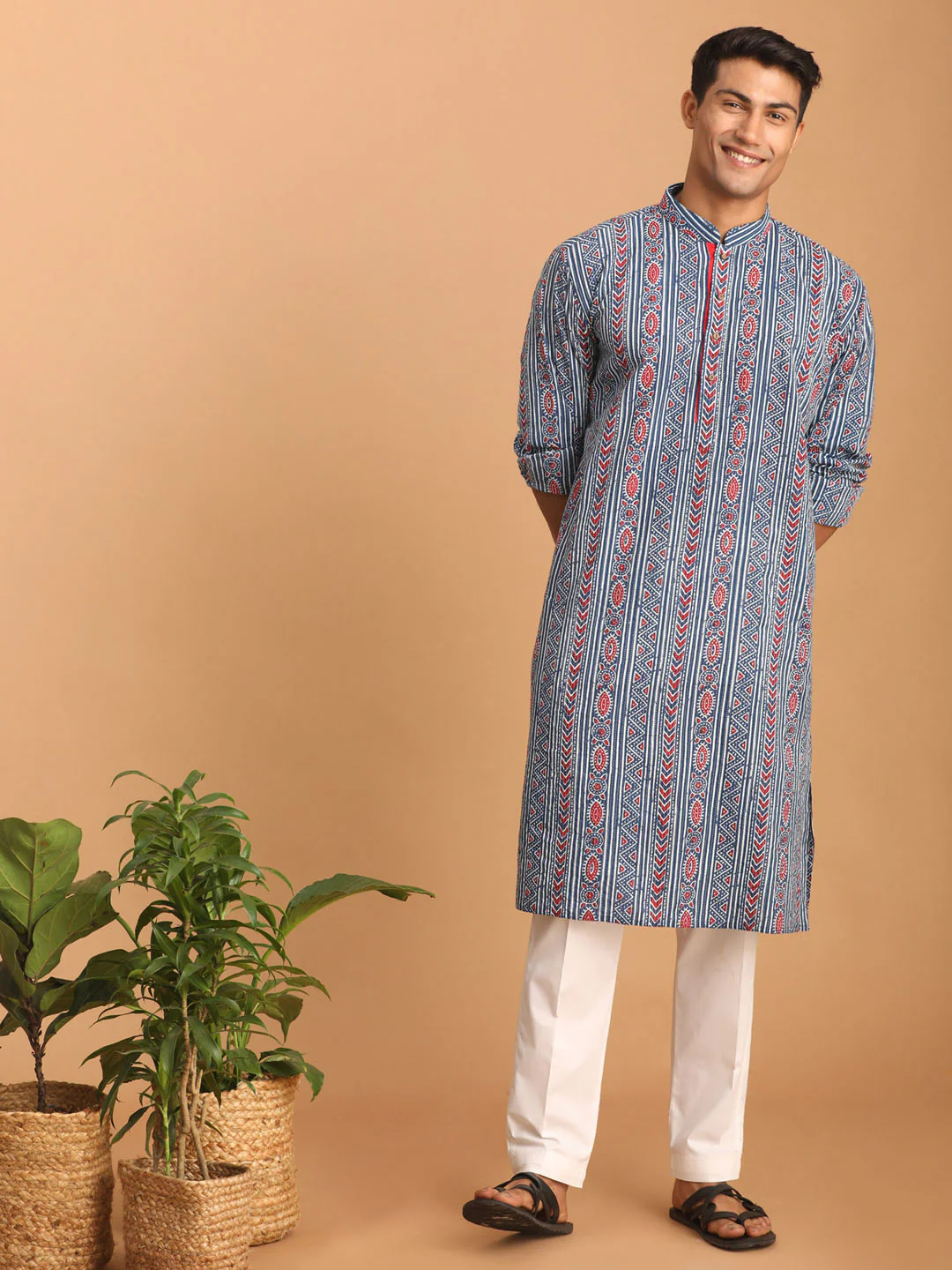 Men's Indigo Printed Cotton Kurta With White Pant Set - Image 6