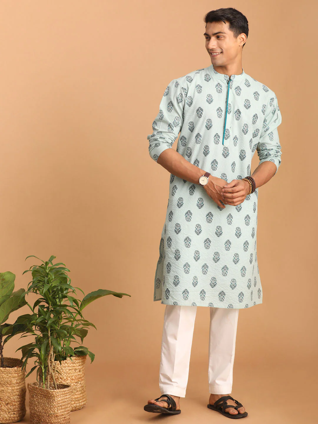 Men's Light Green Ethnic Motif Printed Kurta With White Pant Set - Image 7