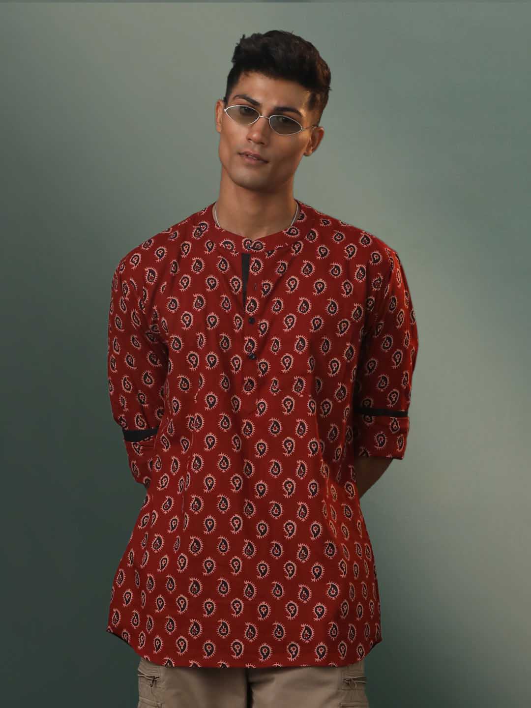 Men's Maroon Ajrakh Print Cotton Short Kurta