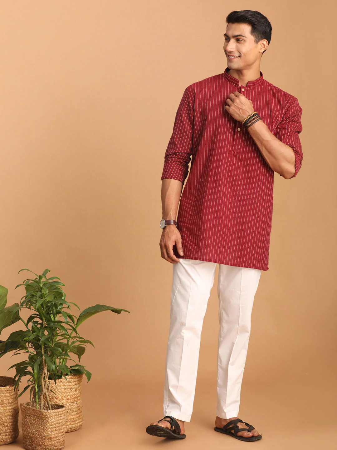 Men's Maroon Striped Cotton Short Kurta With White Pant Set - Image 6