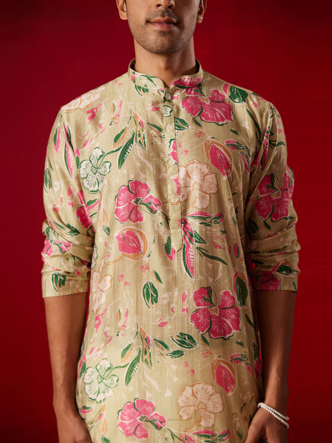 Men's Multicolor Base Beige Cotton Printed Kurta - Image 4