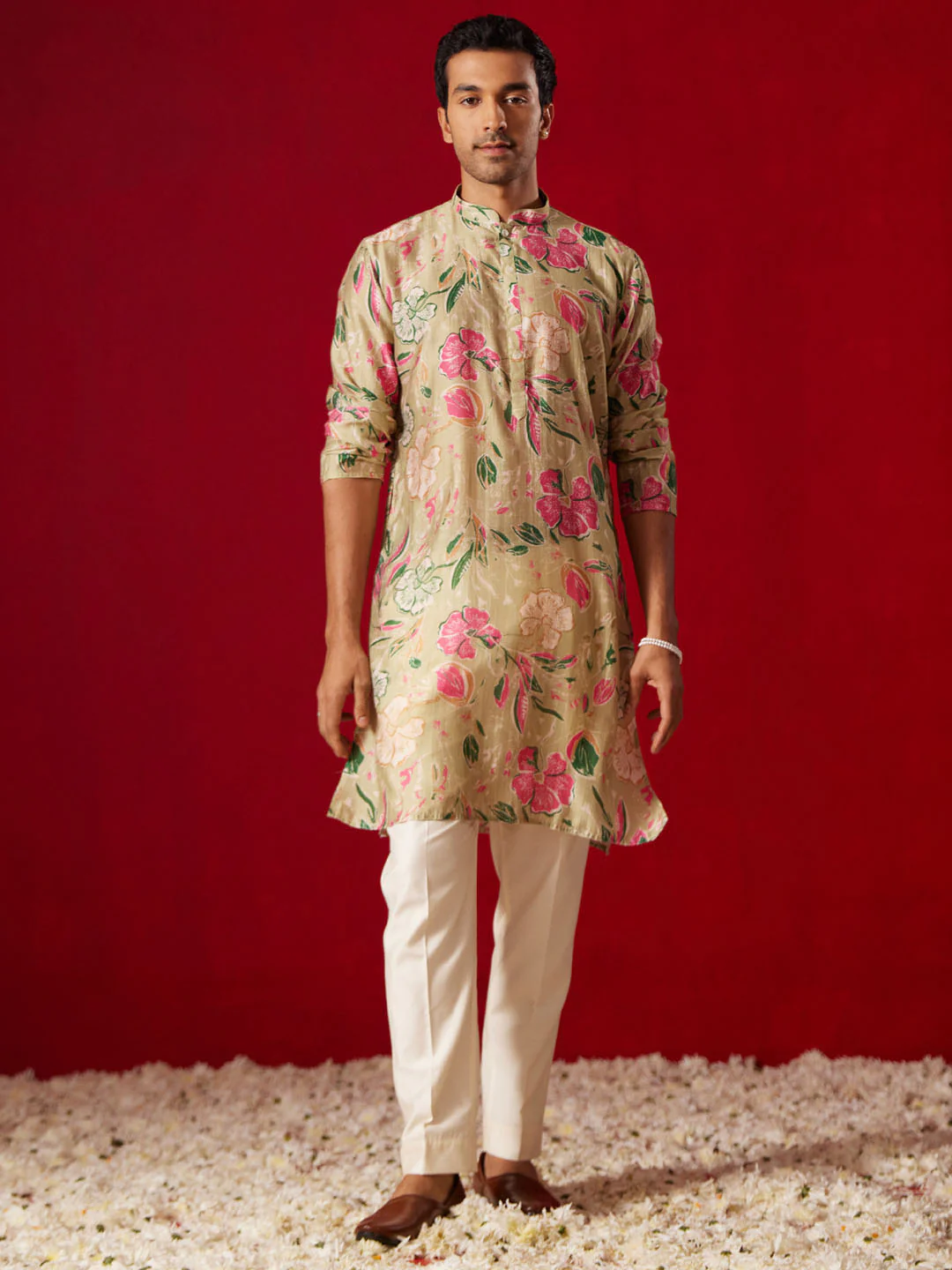 Men's Multicolor Base Beige Cotton Printed Kurta Pant Set - Image 7