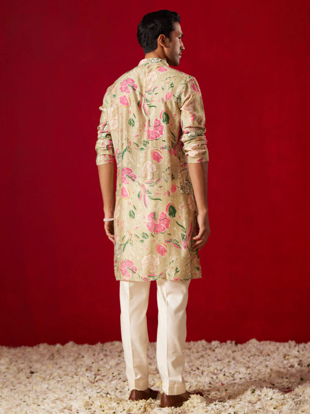 Men's Multicolor Base Beige Cotton Printed Kurta Pant Set - Image 3