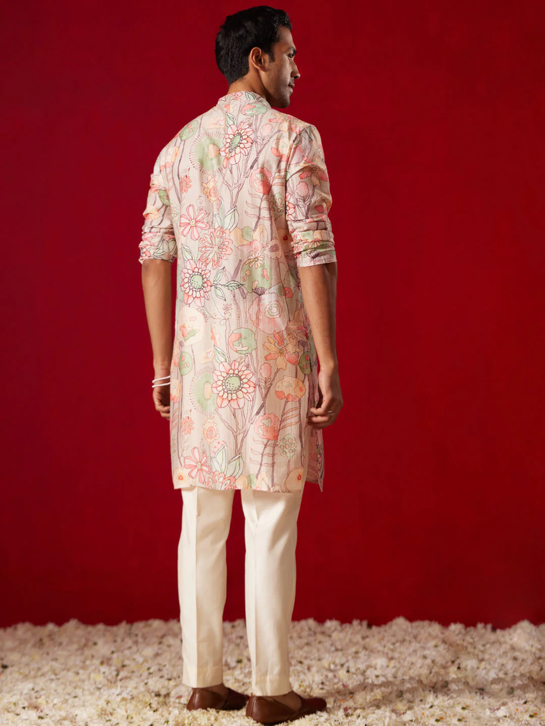 Men's Multicolor Base Peach Cotton Printed Kurta Pant Set - Image 3