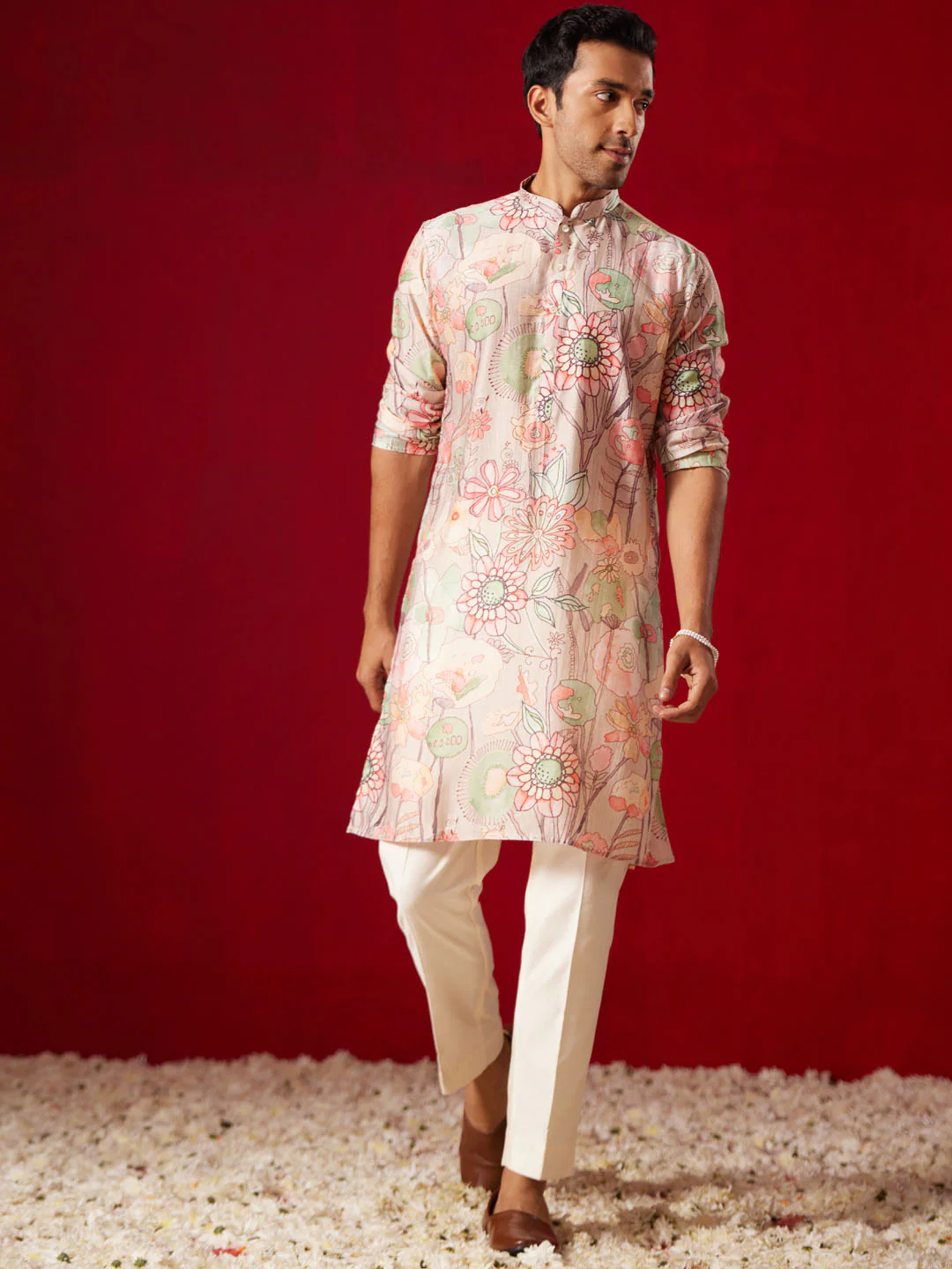 Men's Multicolor Base Peach Cotton Printed Kurta Pant Set - Image 7