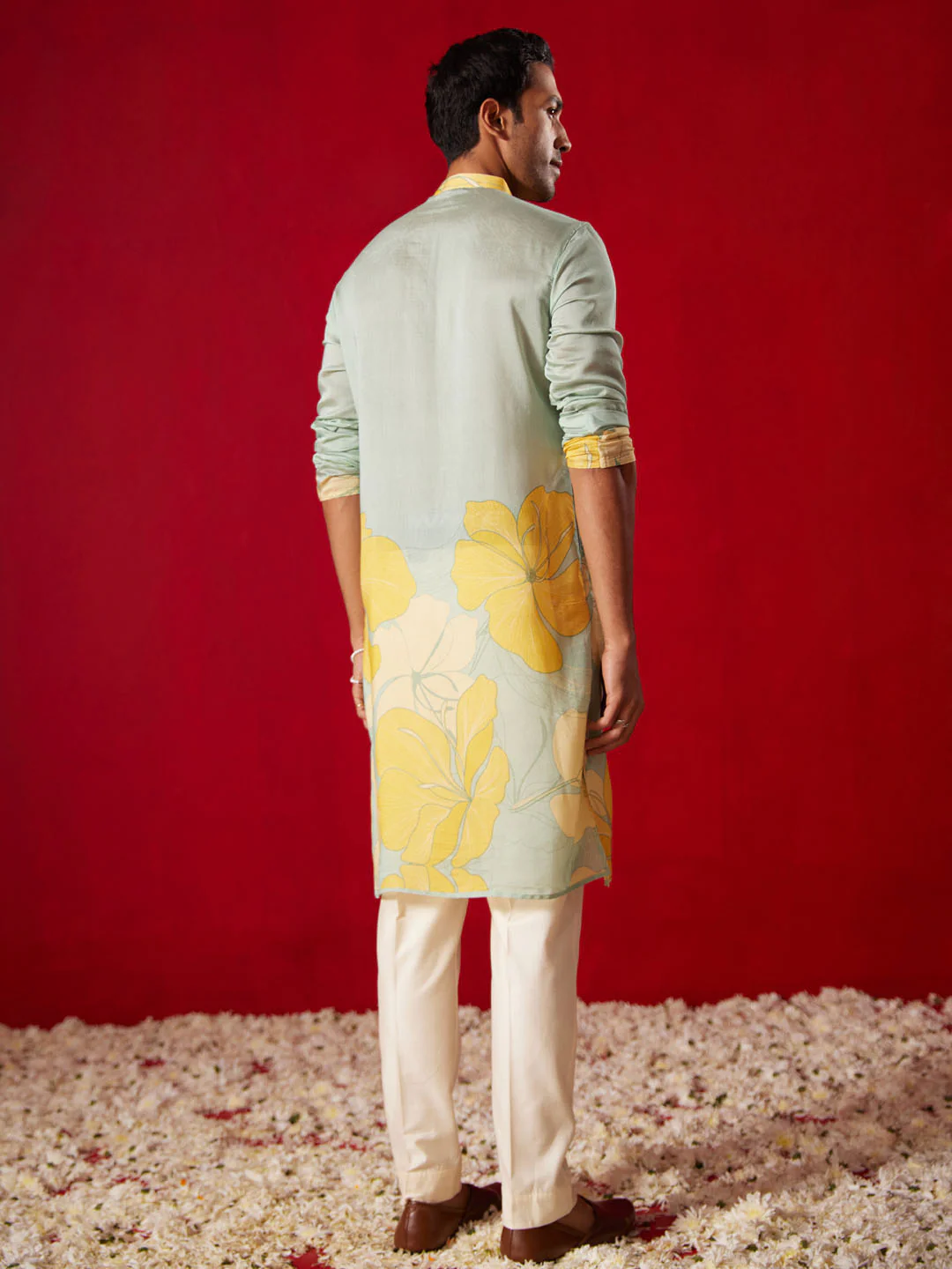 Men's Multicolor Base Yellow Cotton Printed Kurta Pant Set - Image 3