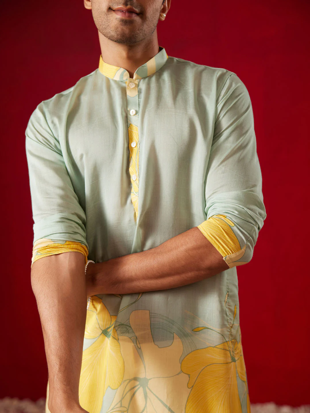 Men's Multicolor Base Yellow Cotton Printed Kurta Pant Set - Image 6