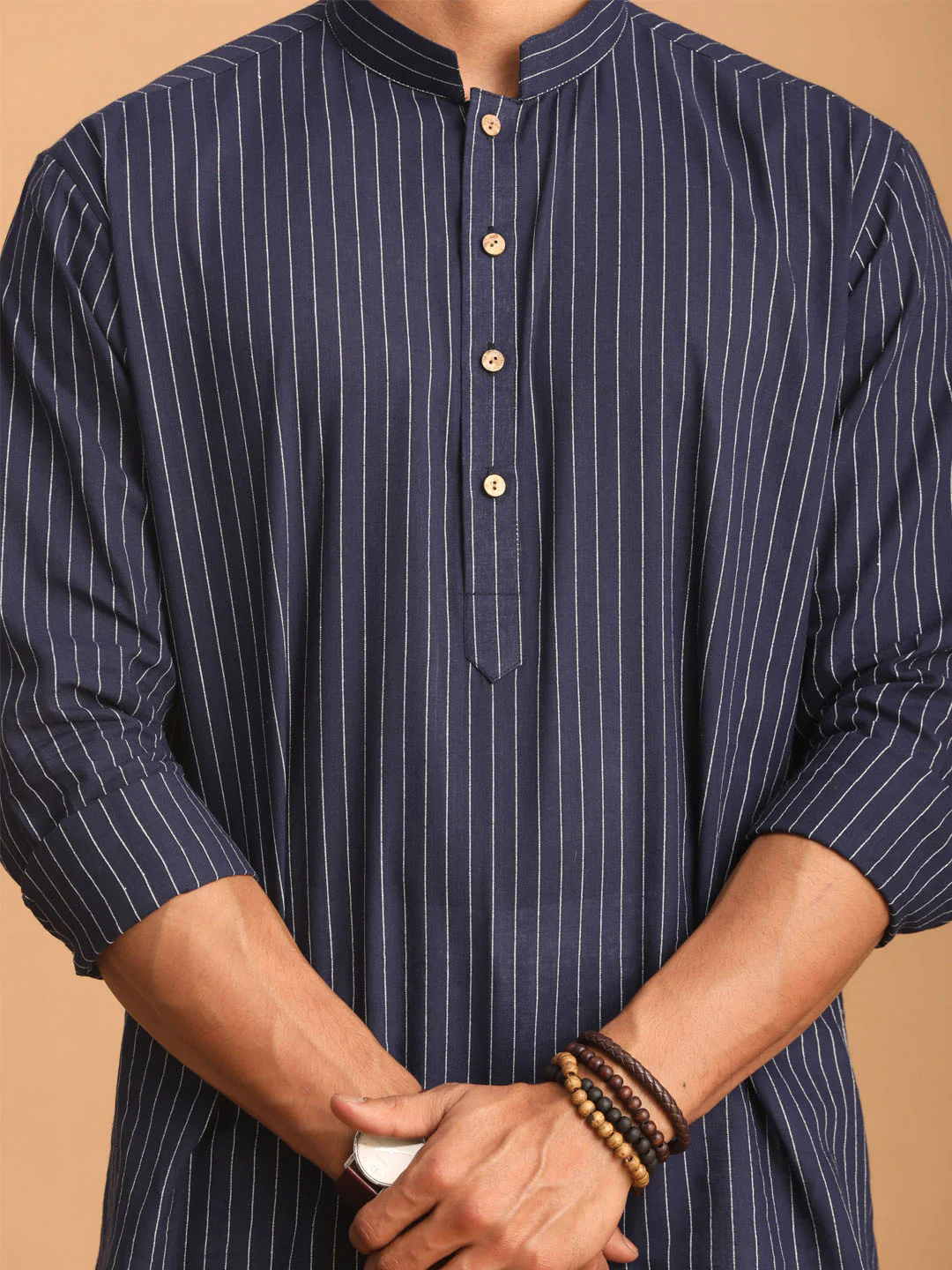 Men's Navy Blue Striped Cotton Short Kurta - Image 4