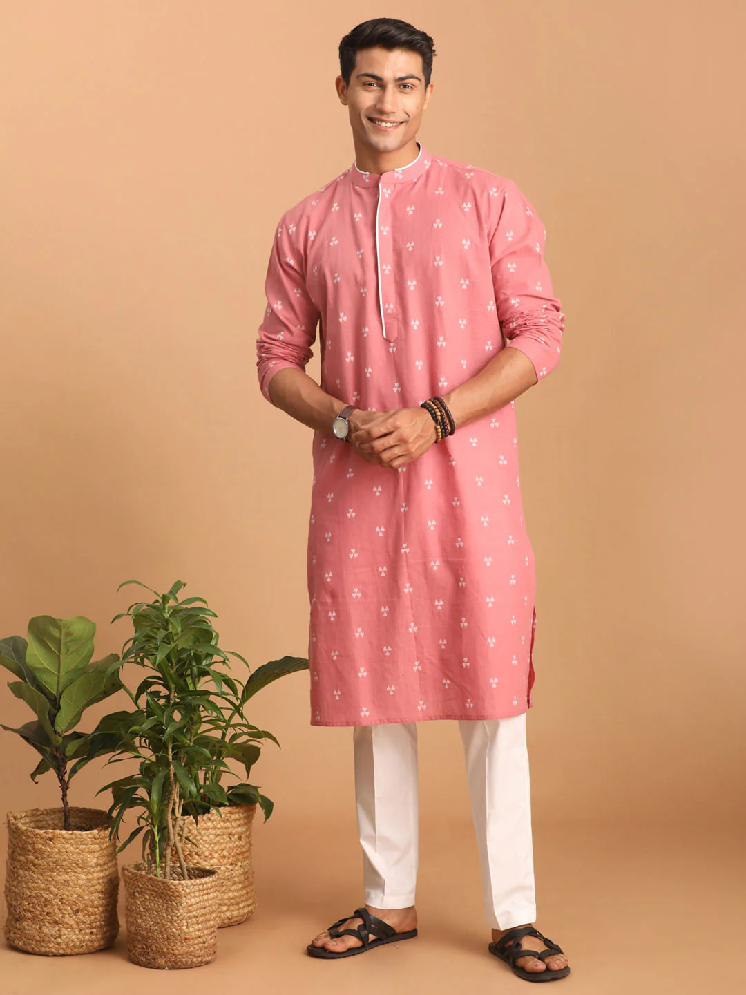 Men's Pink Geometric Booti Jacquard Kurta With White Pant Set - Image 5