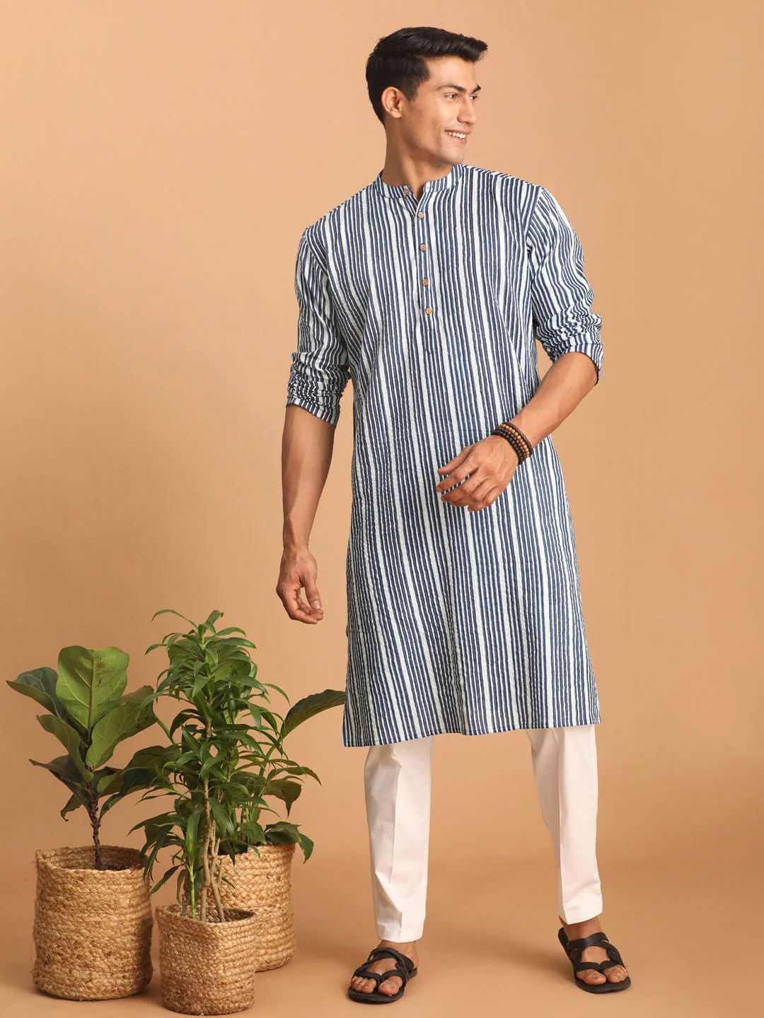 Men's White And Blue Striped Cotton Kurta With White Pant Set