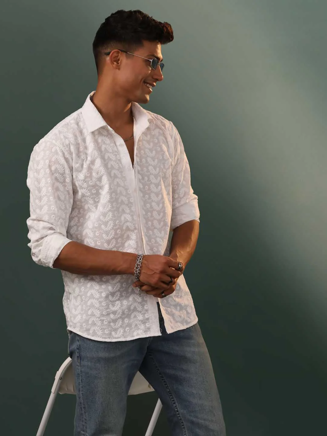 Men's White Chikankari Cotton Shirt - Image 5