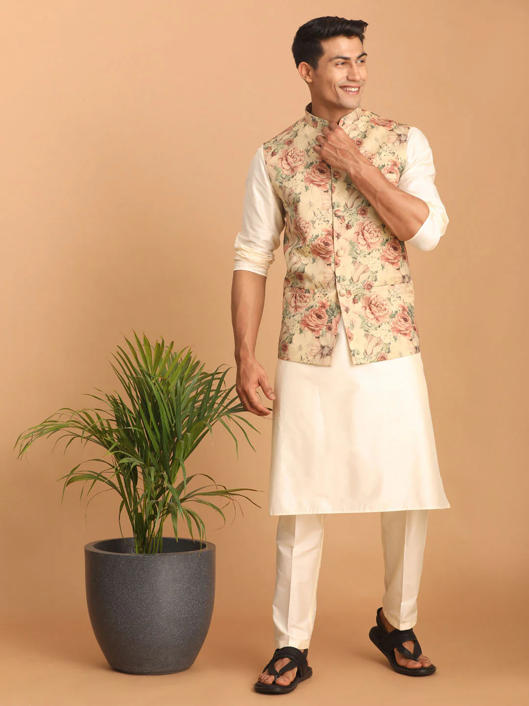 Beige Printed Nehru Jacket And Cream Solid Kurta With Pant Set - Image 2