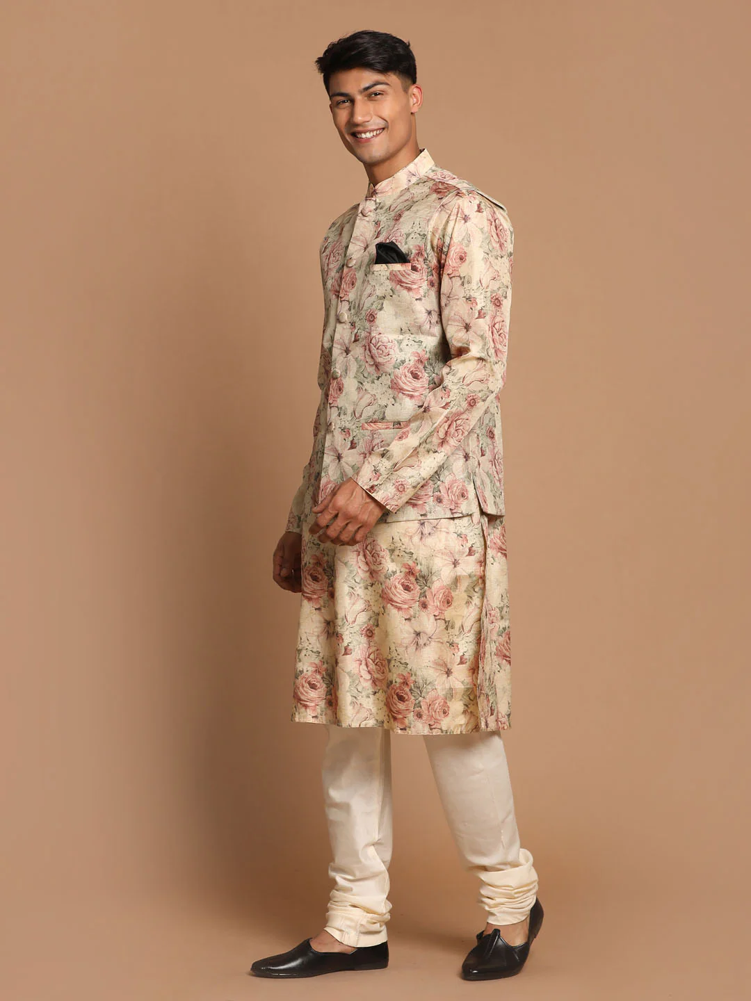 Beige Printed Nehru Jacket And Kurta With Cream Solid Pyjama Set - Image 2